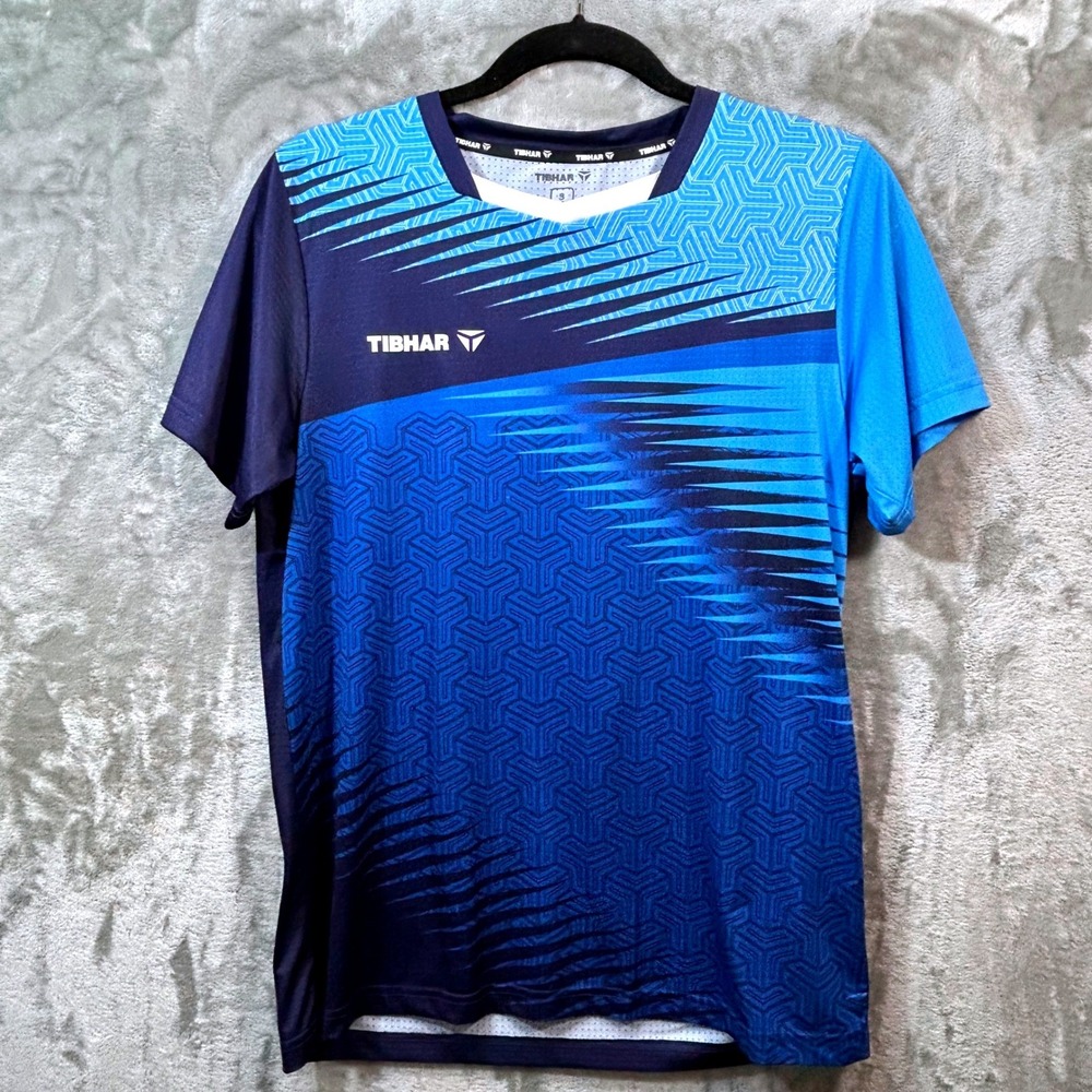 Tibhar Mens Blue Geometric Table Tennis Jersey Short Sleeve Sport Shirt Size S